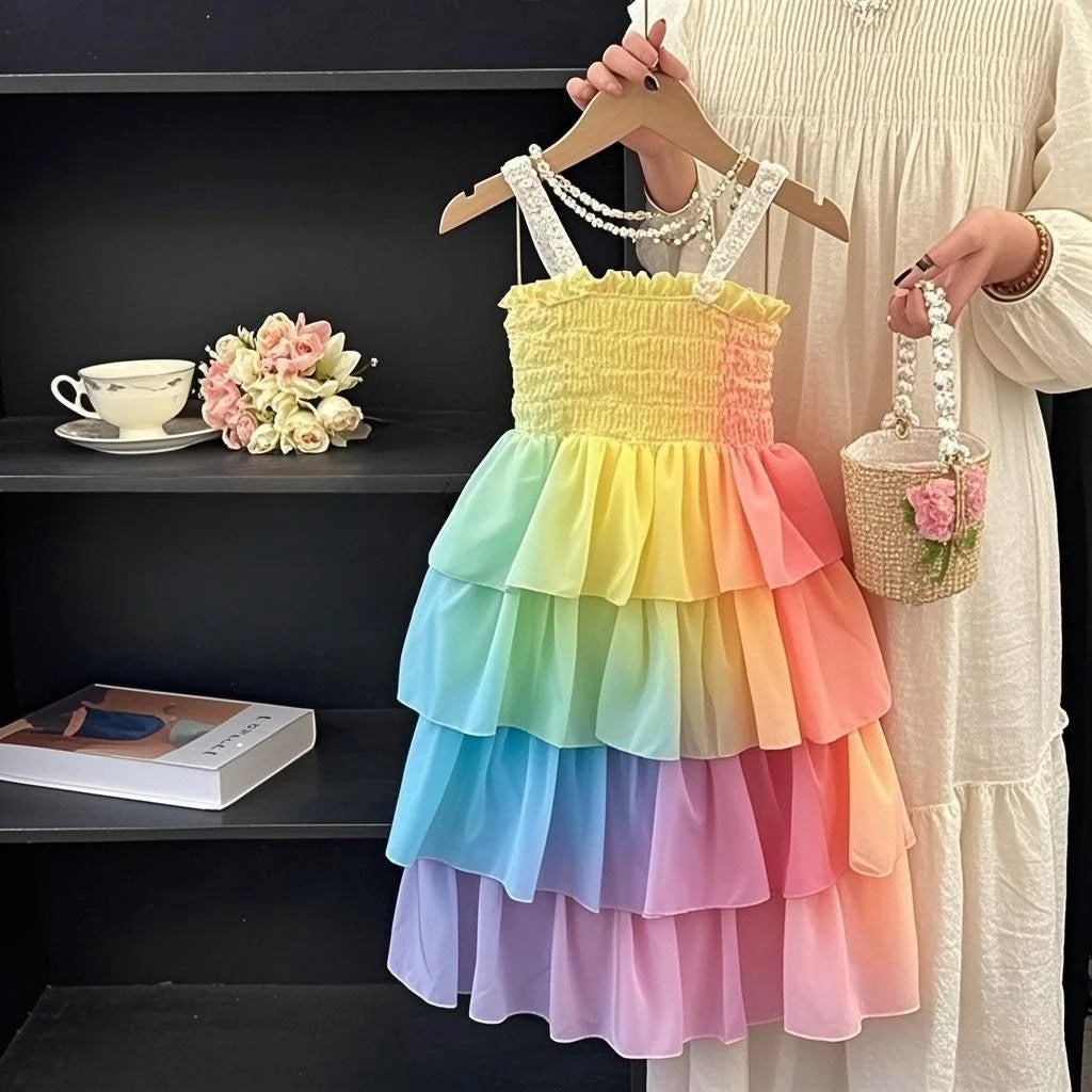 Kids Girls Summer Cake Dress  New Arrival Children Casual Multilayer Dresses Princess Sleeveless Sling Beach Rainbow Dress