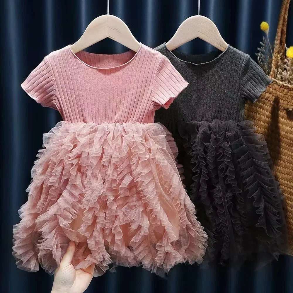 1-5 Years Kid Girl Party Dress Summer Solid Short Sleeve Lace Ribbed Mesh Dress Birthday&Wedding Party Clothing for little Girls