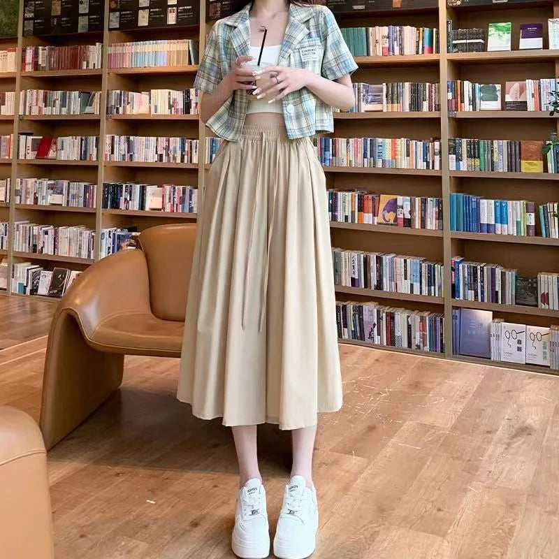 Summer Ice Silk Wide Leg Pants Women's Loose Casual Long Trousers High Waist Korean Sle Polyester Fiber Drapey Sumi Pants