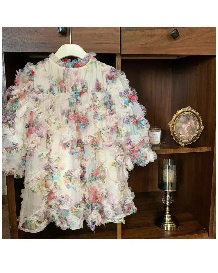New Baby Girls floral print Fall Mesh Long Sleeve Dress Princess Kids Sweet Party Dresses