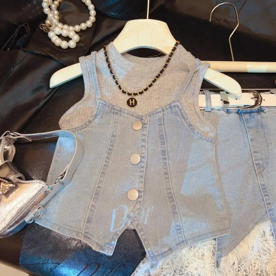 Girls' Summer Clothing Korean Version Denim Skirt New Style Children's Stylish Half Skirt Fashionable Three Piece Set