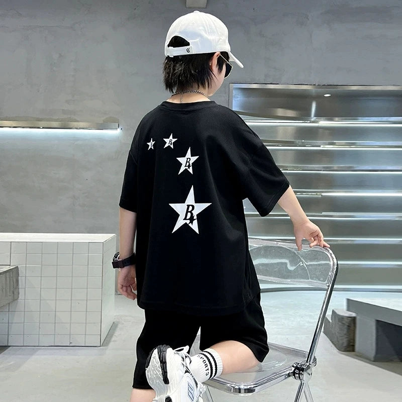New Summer Teenager Boys Clothing Set Cotton Letter Short Sleeve T-shirt Shorts  Years Kids Tracksuits Child Cloth