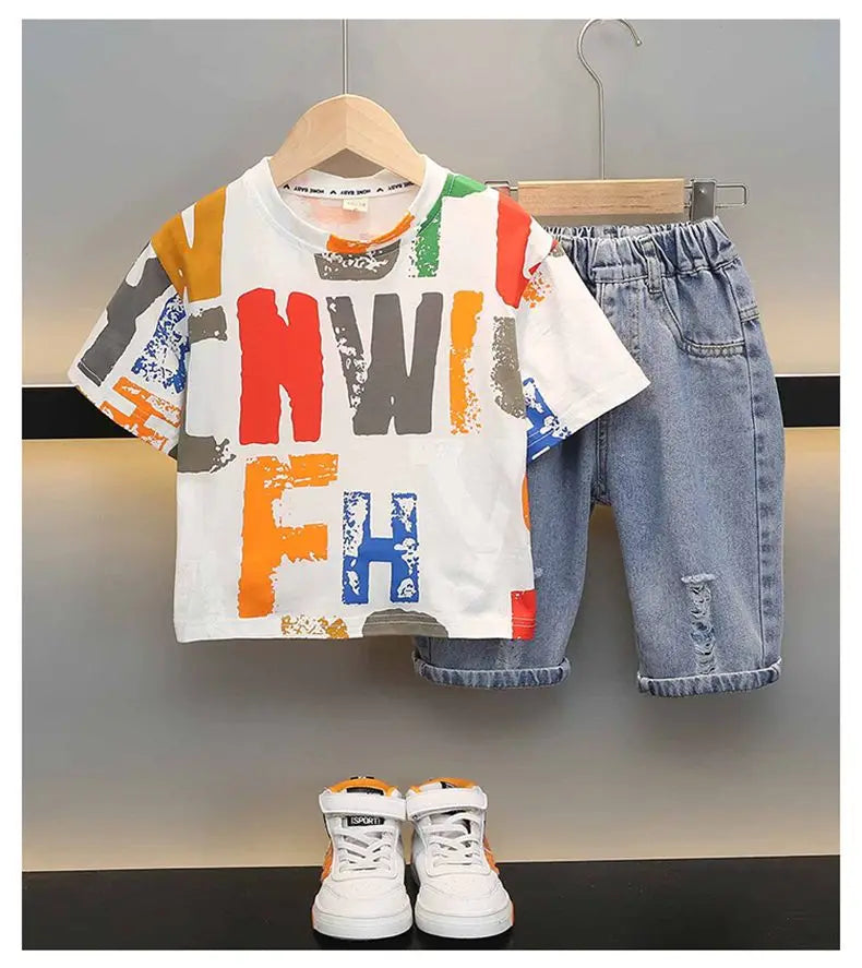 Children Clothing Korean Cotton Short Sleeve Print Shirt+Shorts Set for Toddler Boy Baby Summer Thin Casual Fashion Outfit