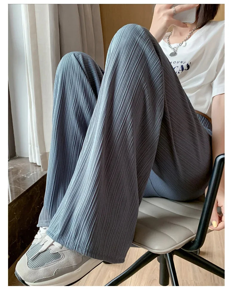 Korea Dongdaemun Ice Silk Wide-leg Pants Women's Thin Slimming Floor Pants White Striped Pants Y2K Fashion Pants Baggy