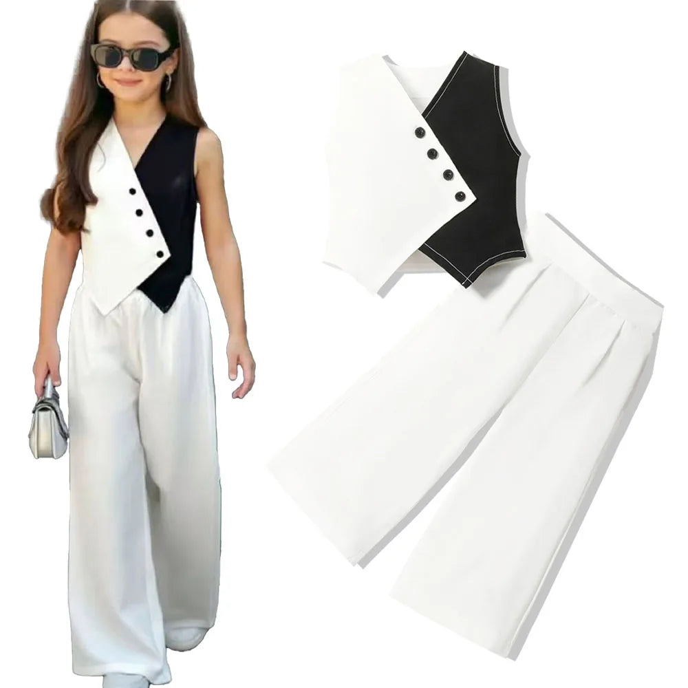 Summer Baby Girl Suits Toddler Clothes Set Black Whit Vest Wide Leg Trousers Flare Pants Kids Outfit Elegant Fashion Children