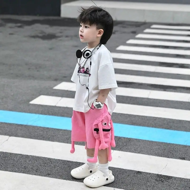Korean Kids Clothes Boys' Summer Female Child Clothes Children's Printed Cotton Short Sleeved T-shirt Shorts 2piece Sports Set
