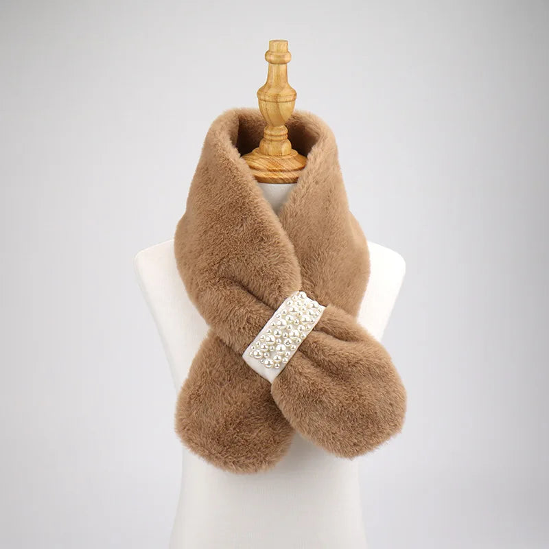 Autumn and winter high-end imitation rabbit fur women's outdoor thick warm cross pearl button plush scarf