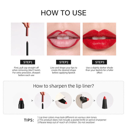 Lipliner Pencil Waterproof Matte Red Contour Tint Lipstick Long Lasting Non-stick Cup Moisturising Lips Makeup 12 Colors