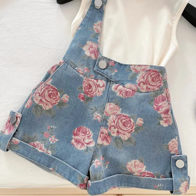 Girls' Clothing Set Sleeveless Top+printed Denim Shorts Two-piece Set for Girls Fashion Suits