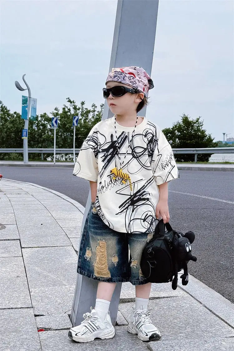 Summer children boys fashion casual T shirt hole jeans sets suits