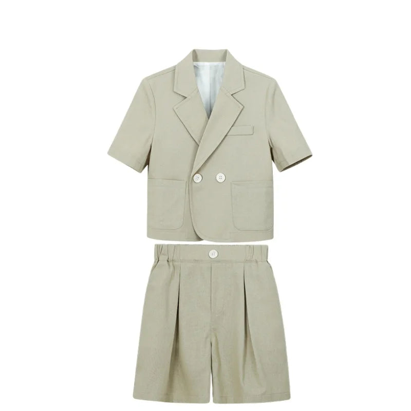 Kids Summer Short-Sleeved Wedding Suit Set Boys Blazer Pants Outfit Children's Piano Host Speech Performance Costume