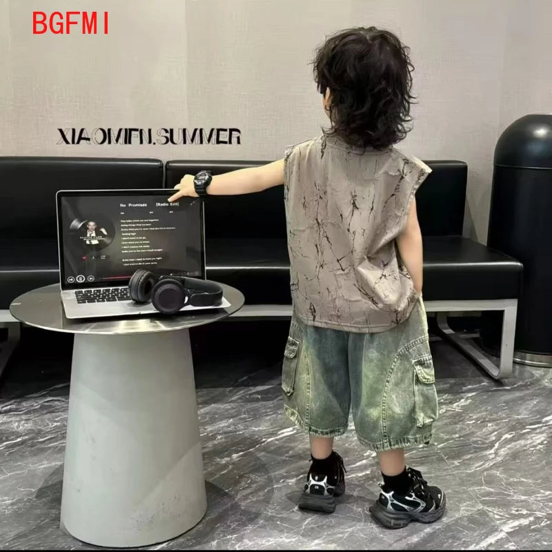 Kids Boy New Outfit Set Korean Children's Summer Clothing Denim Shorts +Thin Tie Dye Vest Sleeveless T-shirt 2-piece Set