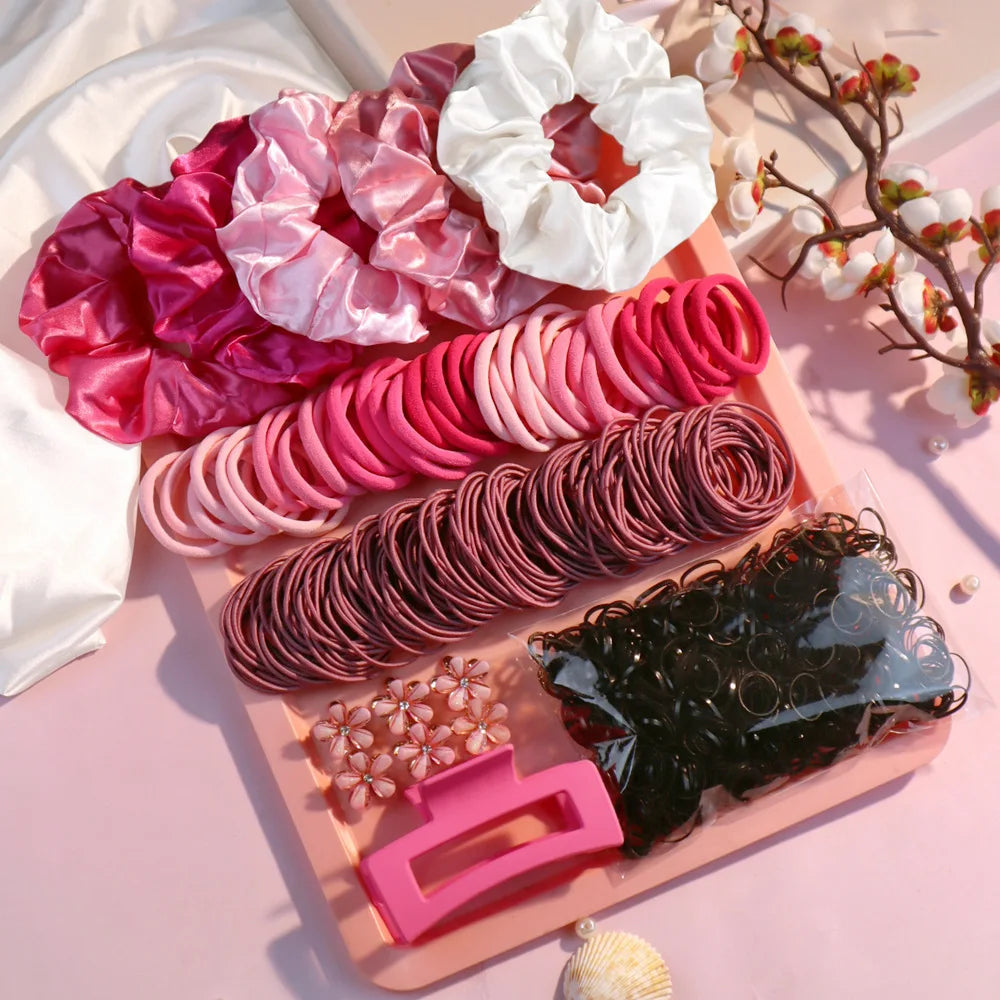 Fashionable Pink Hair Accessories Set for Women, Seamless Ponytail Holders Variety Hair Scrunchies For Women Lady 2024