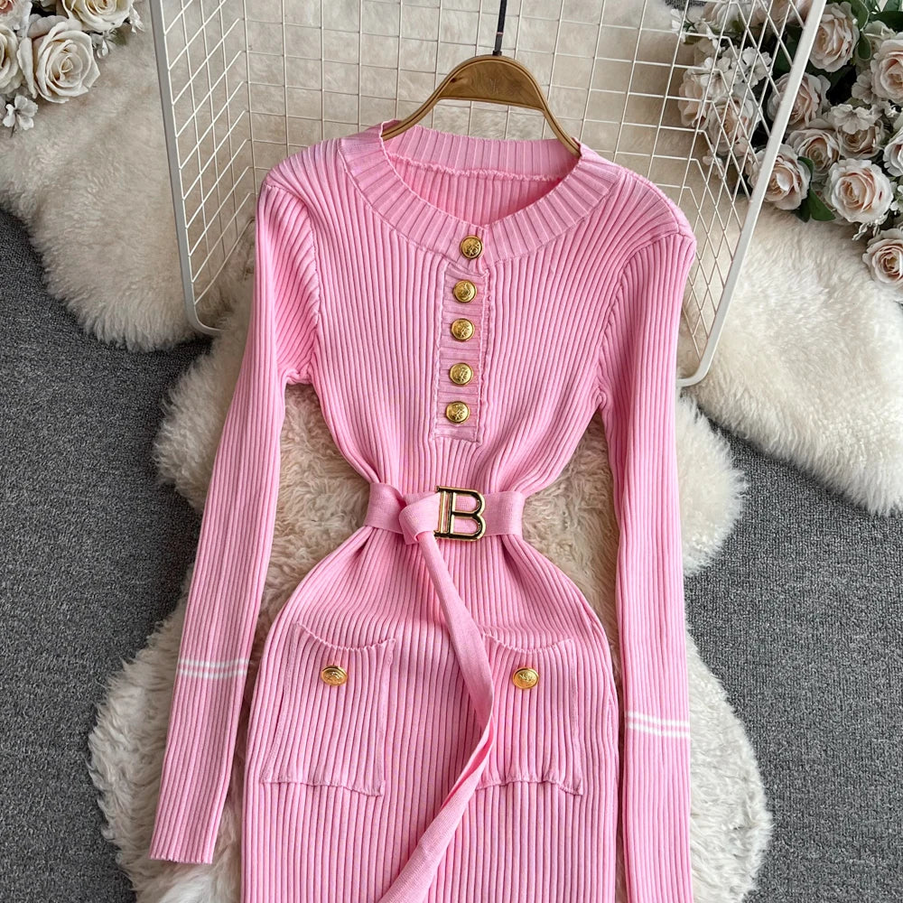 Women Dress  Autumn Winter Elegant Rib Knit Long Pencil Dress with Belt Office Lady Bodycon Sweater Dress Vestidos