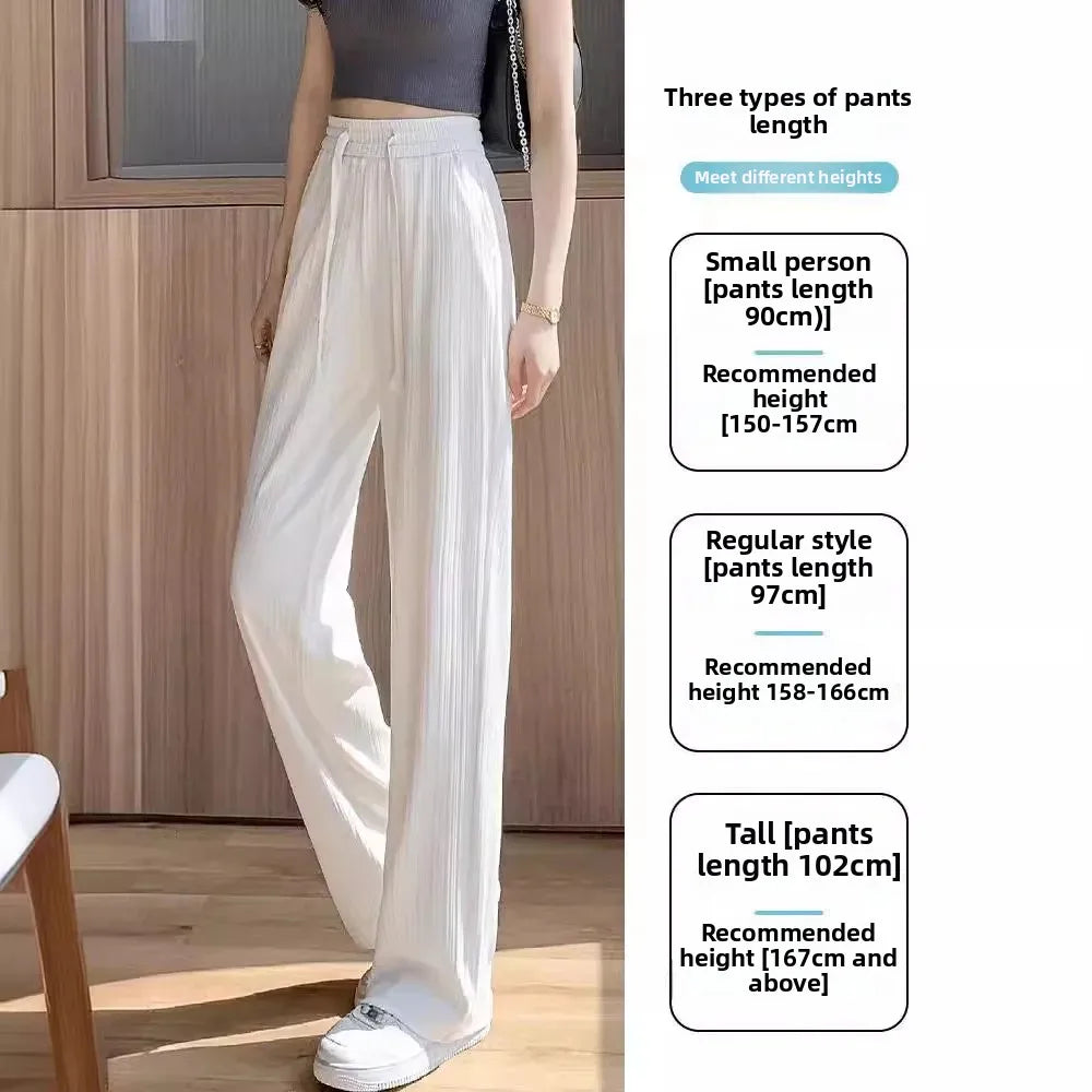 Ice Silk Wide Leg Pants Women's Summer Thin Narrow Version 145 Small Size Drape Straight High Waist Stripe Casual Trousers 150