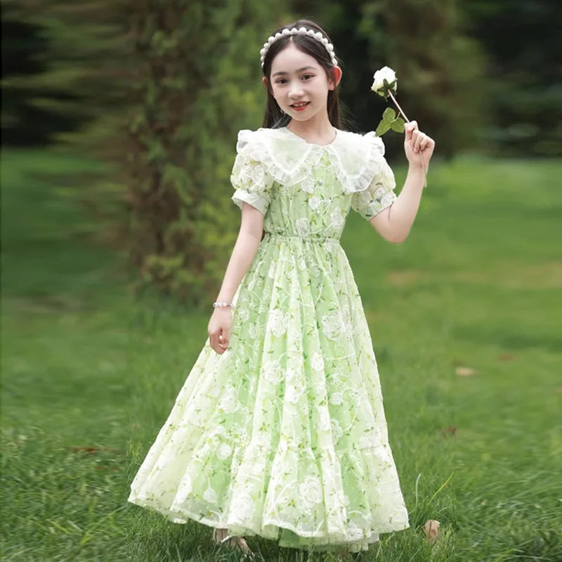 Girls Summer Dresses Children's Princess Gown Big Kids Short-sleeved Dress Teen Girls Peter Pan Collar Clothing
