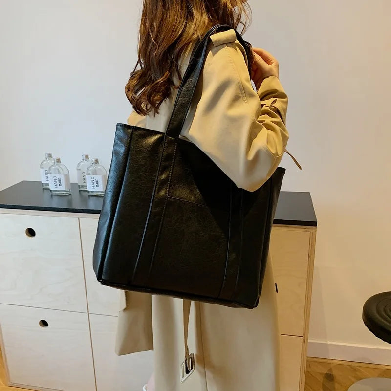 Simple Large Capacity Tote Bags for Women Retro Pu Leather Ladies Shoulder Bag Commuter Portable Girls Student Underarm Handbag