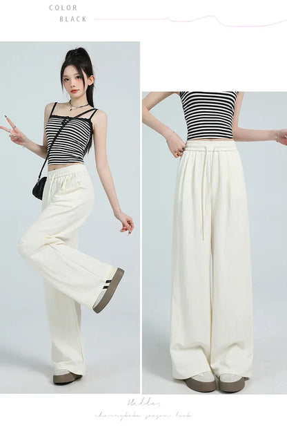 White Ice Silk Wide Leg Pants Women's Summer Thin High Waist Slimming Casual Versatile Elastic Waist Draped Straight Leg Trouser