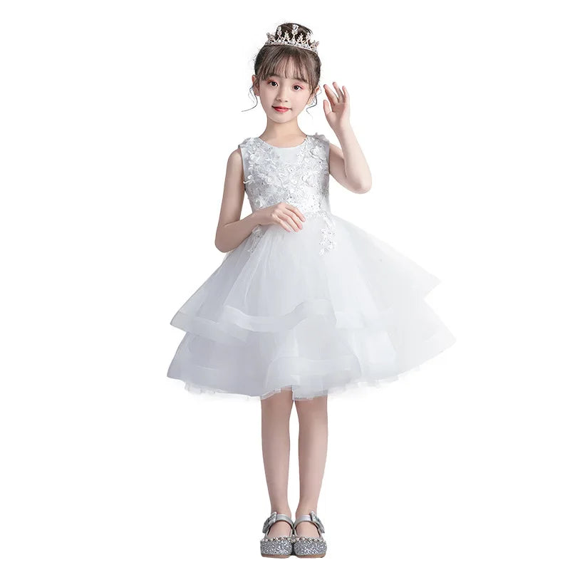 Kids Girls Layered Dress  Elegant Flower Girl Dresses for Wedding Birthday Party Children Festival Ball Gown