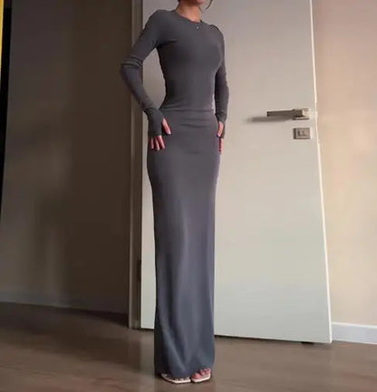 Womens Dresses 2025 Spring Autumn New Fashion Sexy Skinny Hip Hugging Comfortable Solid Color Casual Round Neck Long Dress