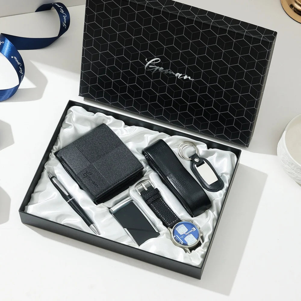 New Luxury Men's Accessory Set Watch Belt Wallet Pen Keychain Bracelet Cufflinks Sunglasses Gift Box for Dad Husband Boyfriend