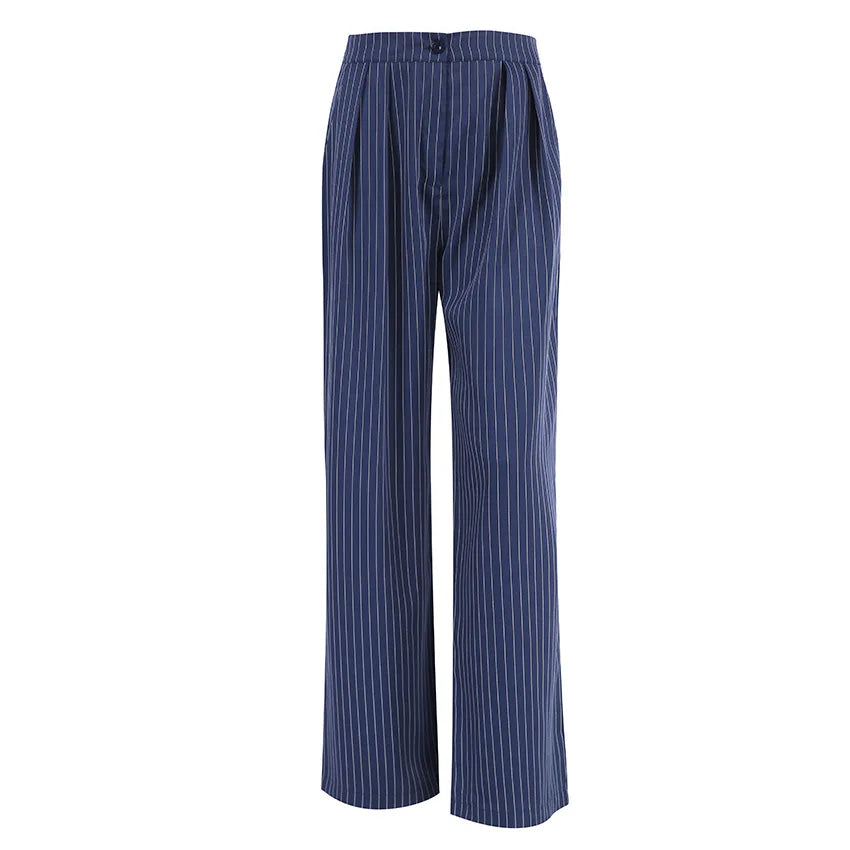 High Waisted Straight Leg Wide Leg Pants For Women's Clothing  Autumn/Winter New Navy Striped Fashionable Casual Pants