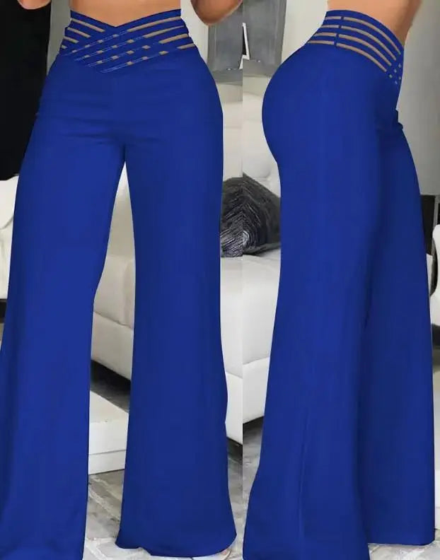 Women Wide Leg Flared Pants  Spring Casual Crisscross Sheer Mesh Patch High Waist Trousers Y2k Streetwear Elegant Work Pant