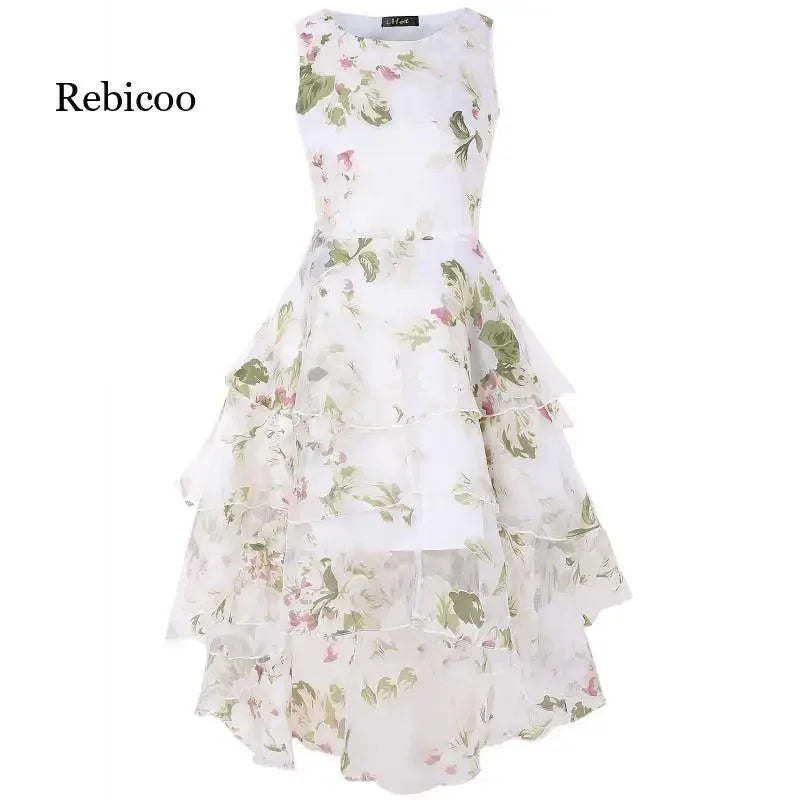 Summer High Low Retro Dress Vintage Women Sleeveless Front Back Short Long Organza Lace Dress Ladies Elegant Party Dress