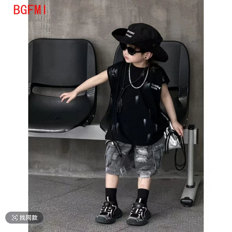 Summer Boys Loose Sleeveless Printed T-Shirt Tops + Hole Shorts  Set Child Outfit Handsome Kids Clothes Boys 2-10Y Vest Suit