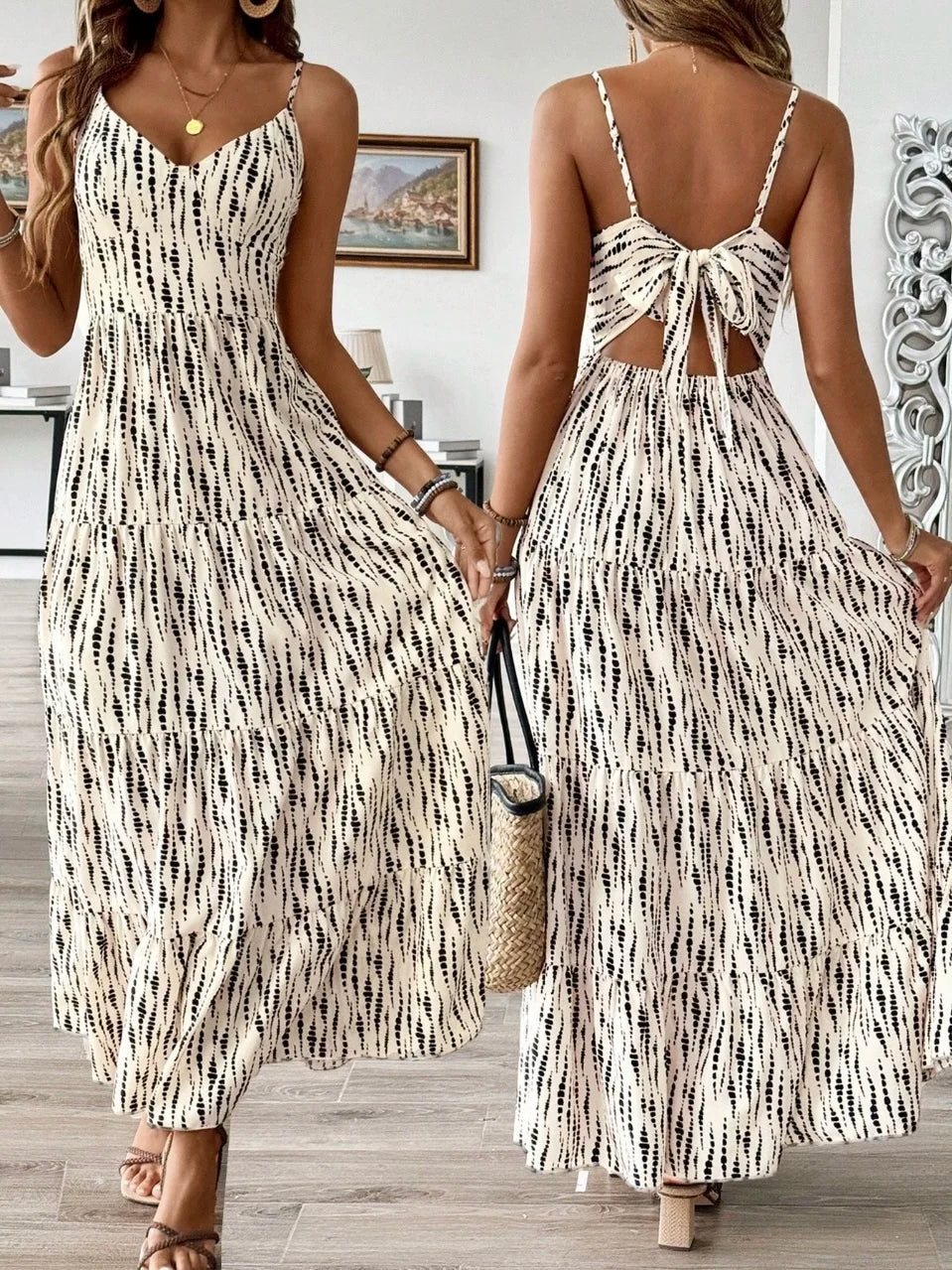 Women's Western Vacation Style Off-the-shoulder Dress Spring/Summer New Asymmetric Striped Design Maxi Dress