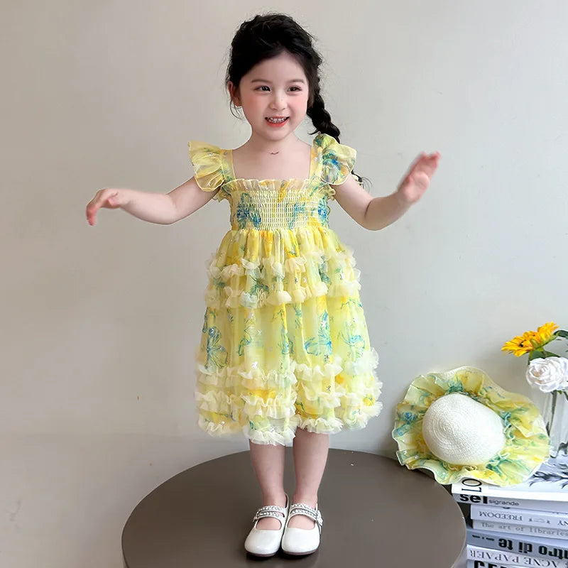 Girl Summer Mesh Dress Doll Baby  Kids Back Butterfly Flower Suspender Princess Dress Fashion Casual