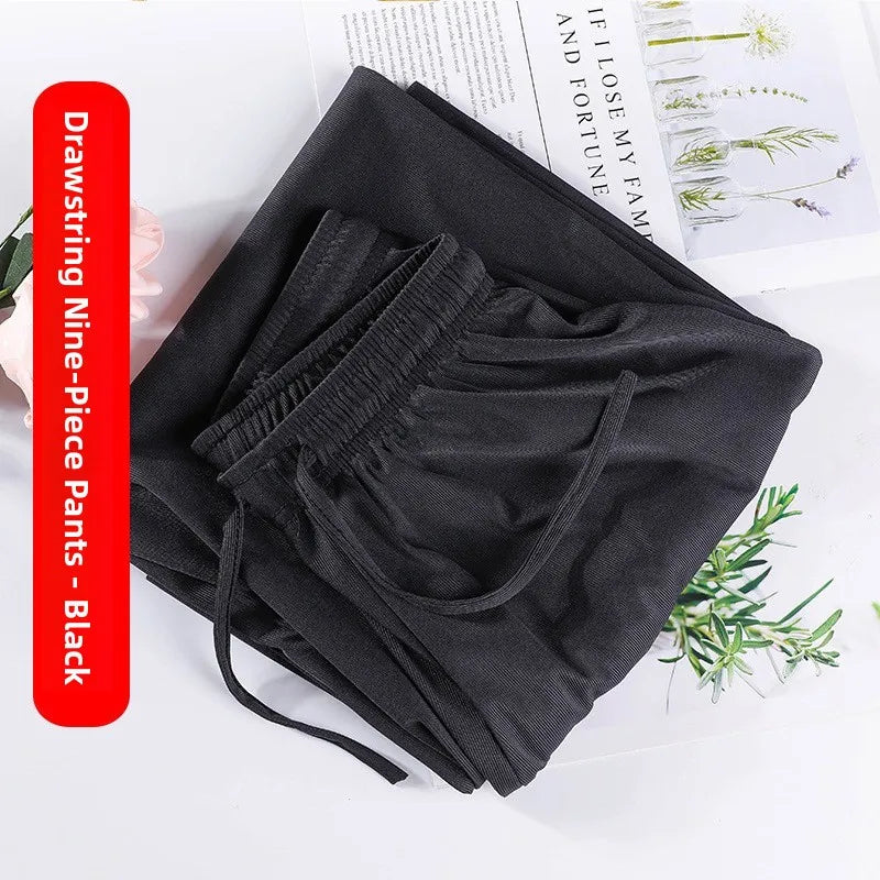 Ice Silk Wide Leg Pants Women's Summer  New High Waist Drape Loose Slimming Straight Bla Floor-Length Casual Trousers