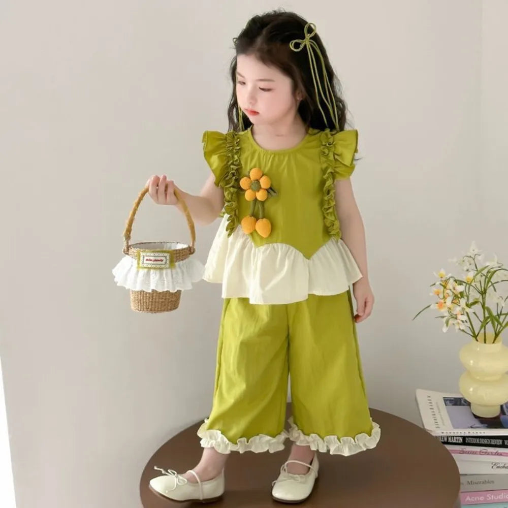 Summer Girls Fashion Cute Sleeveless O-Neck Flower Decoration Top + Pant 2 Pcs Set  Kids Casual Clothes Korean Version