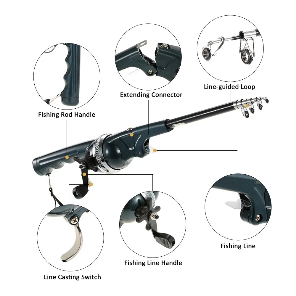 Folded Spinning Rod Portable Folding Mini Fishing Rod Telescopic Epoxy Resin Poles with Reel Line Travel Rods for Fish