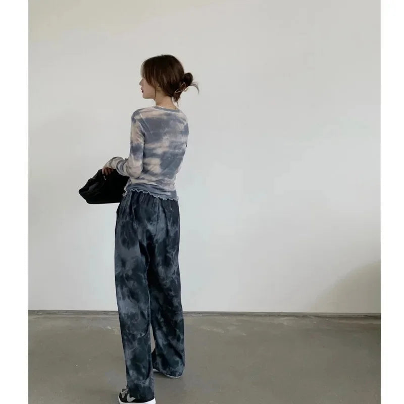 Thai Print Heart Wide Leg Pants Women Summer Thin Loose plus Size High Waist Slimming Long Trousers Casual Fashion plus Size