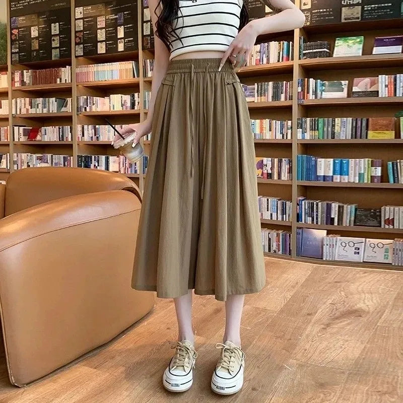 Summer Ice Silk Wide Leg Pants Women's Loose Casual Long Trousers High Waist Korean Sle Polyester Fiber Drapey Sumi Pants