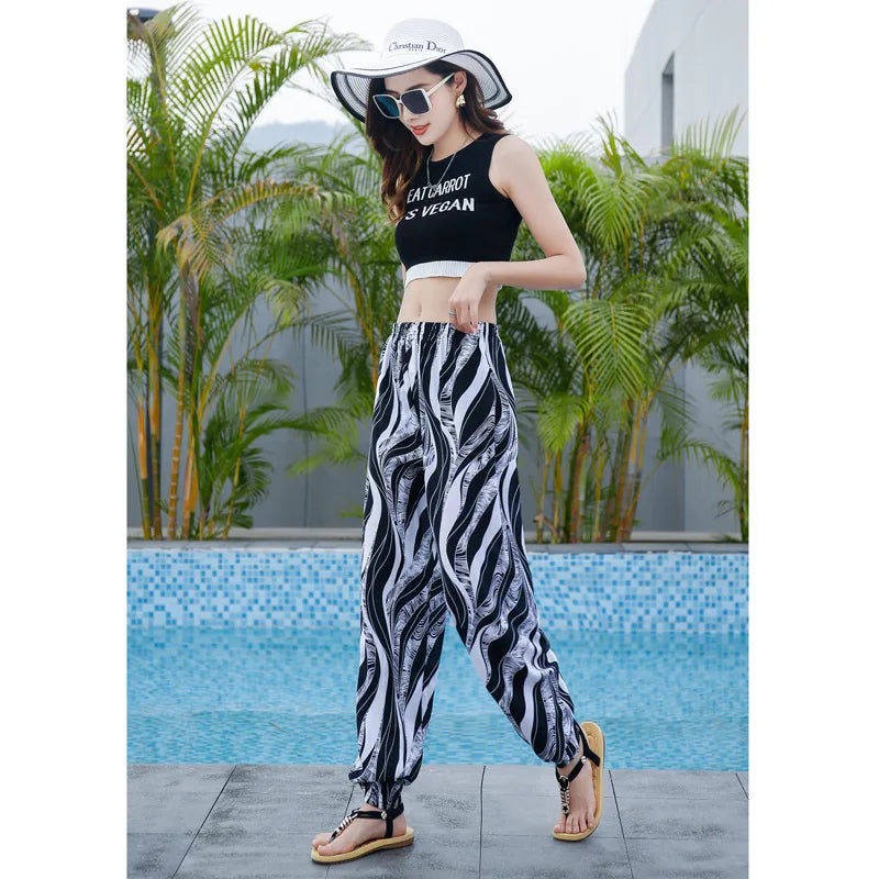 Women's Mosquito-proof Cotton Silk Beach Summer Casual Flower Pants Artificial Cotton Summer Sleeping Pants Thin Adult Bloomers