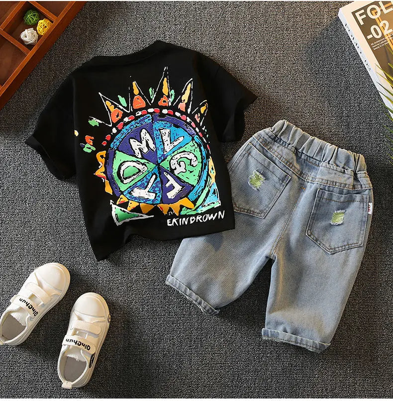 Children Clothing Korean Cotton Short Sleeve Print Shirt+Shorts Set for Toddler Boy Baby Summer Thin Casual Fashion Outfit