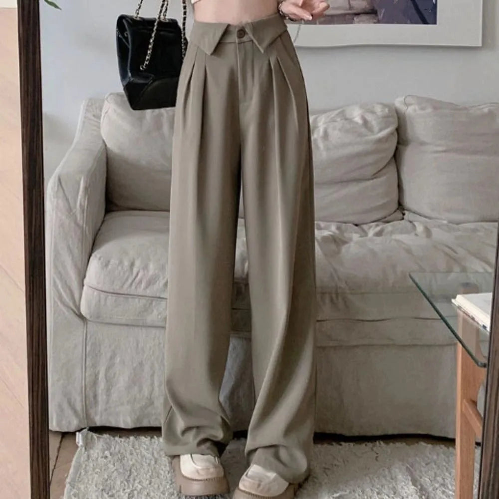 Simple Loose Straight Leg Pants Workout Trousers High Waist Casual Pants Women Drape Feeling Autumn Flip Up Suit Pants Female