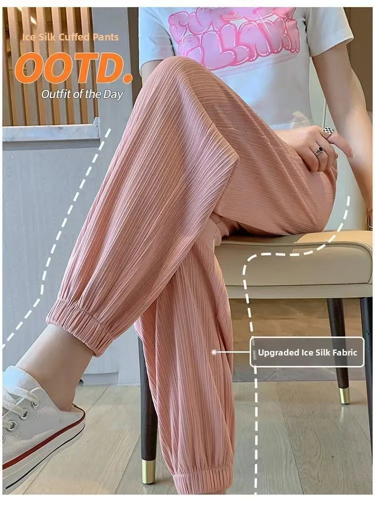 High Waist Lantern Pants Women's Loose Fit Summer Spor Casual Thin Ice Silk Drapey Two-Piece Set Commute Sle Korean Faion