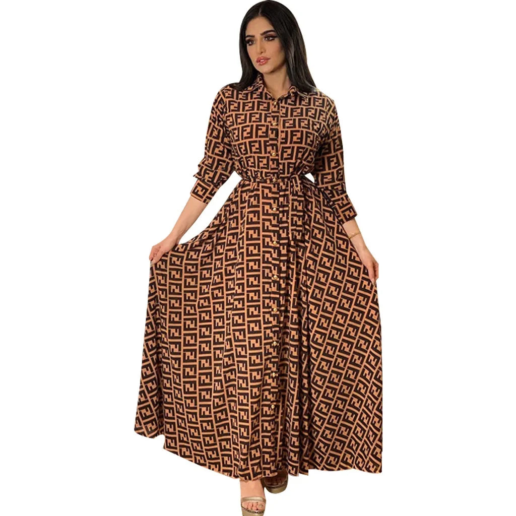 Women's Fashion  New Sexy Elegant Dress Temperament Digital Printing Long Shirt Dress Ladies Elegant Commuter Casual Dress