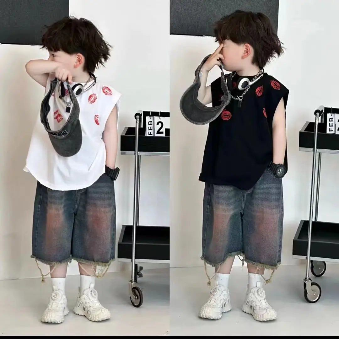 New Korean Fashion Set Design Sense Street Printed Vest Shirt Broken Edge Short Jeans Two-piece Suits