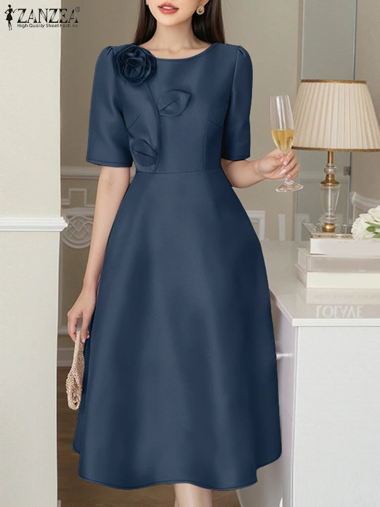 ZANZEA Elegant Woman Party Dresses Shiny Satin Round Neck Short Sleeve Fabric Flower A-line Robes Femme Fashion Midi Vestidos