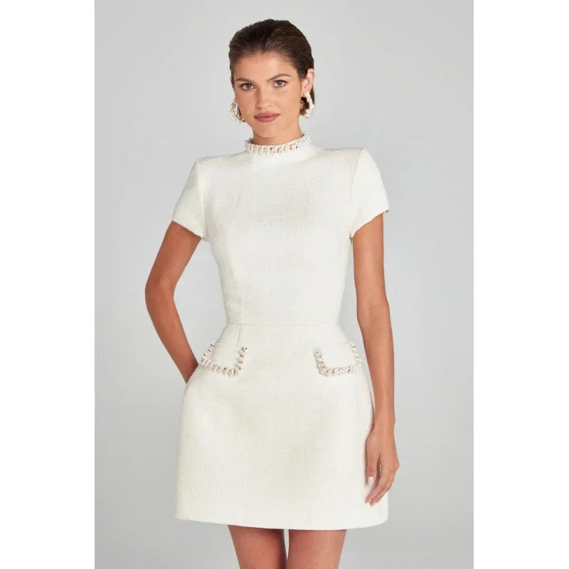 Elegant Female Patchwork Party Dress  Sexy Women Evening Dress Autumn Lady Suit Collar Short Sleeve Slim Dress