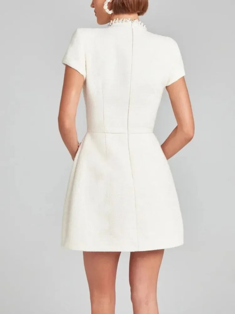 Elegant Female Patchwork Party Dress  Sexy Women Evening Dress Autumn Lady Suit Collar Short Sleeve Slim Dress