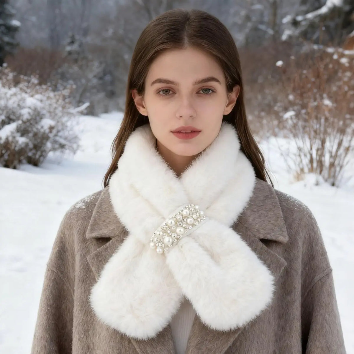 Autumn and winter high-end imitation rabbit fur women's outdoor thick warm cross pearl button plush scarf