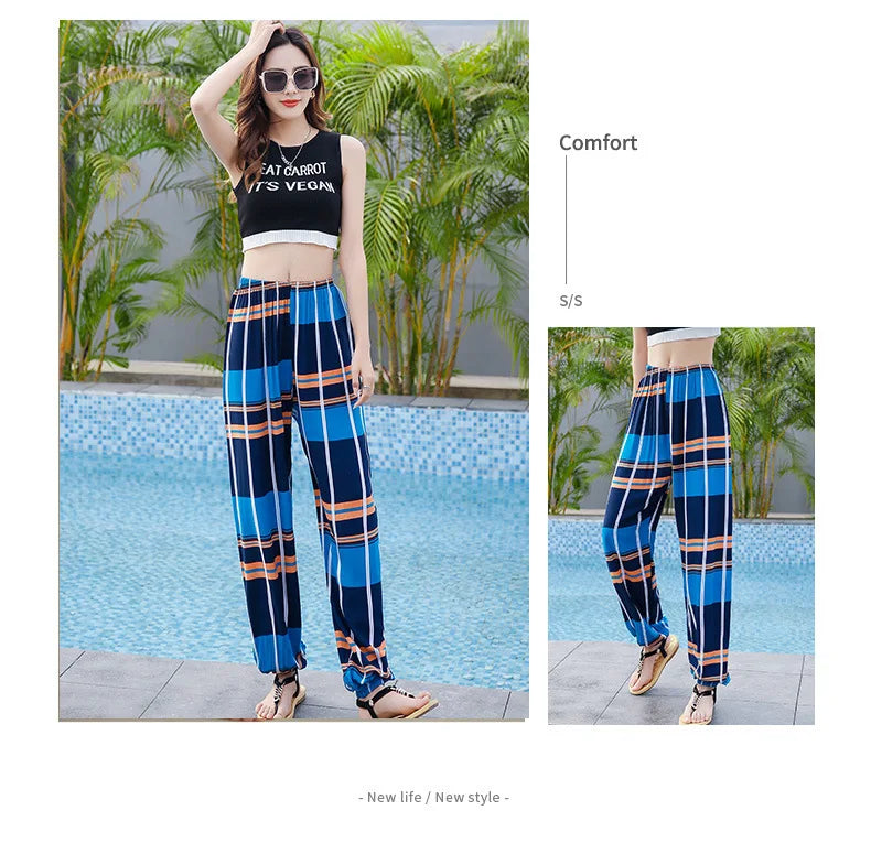 Women's Mosquito-proof Cotton Silk Beach Summer Casual Flower Pants Artificial Cotton Summer Sleeping Pants Thin Adult Bloomers