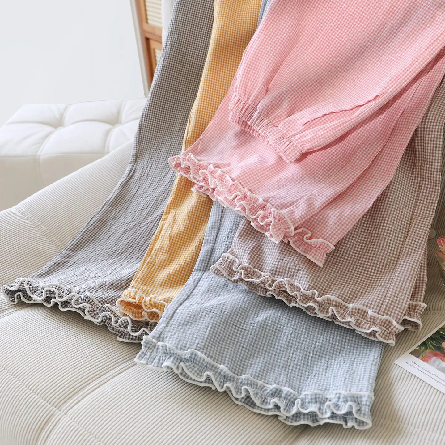 Spring and Summer Thin Loose Size Plaid Design Women's Pajama Pants Elastic Waist Casual Homewear Women Nine-point Trousers