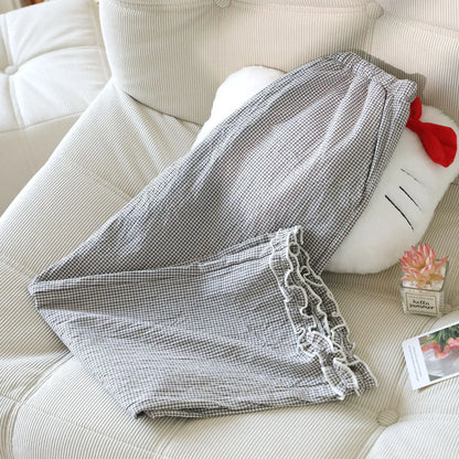 Spring and Summer Thin Loose Size Plaid Design Women's Pajama Pants Elastic Waist Casual Homewear Women Nine-point Trousers