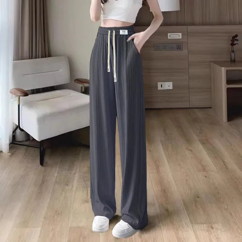 Ice Silk Wide Leg Pants Women's Summer Thin Hanging Sense Small Casual Summer Cool Straight Tube Pants High Waist Nine Points